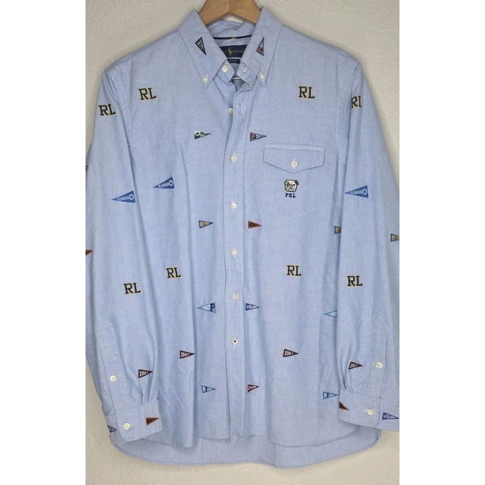 New Polo Ralph Lauren Varsity Embroidered Oxford Button Down Shirt Denim Logos